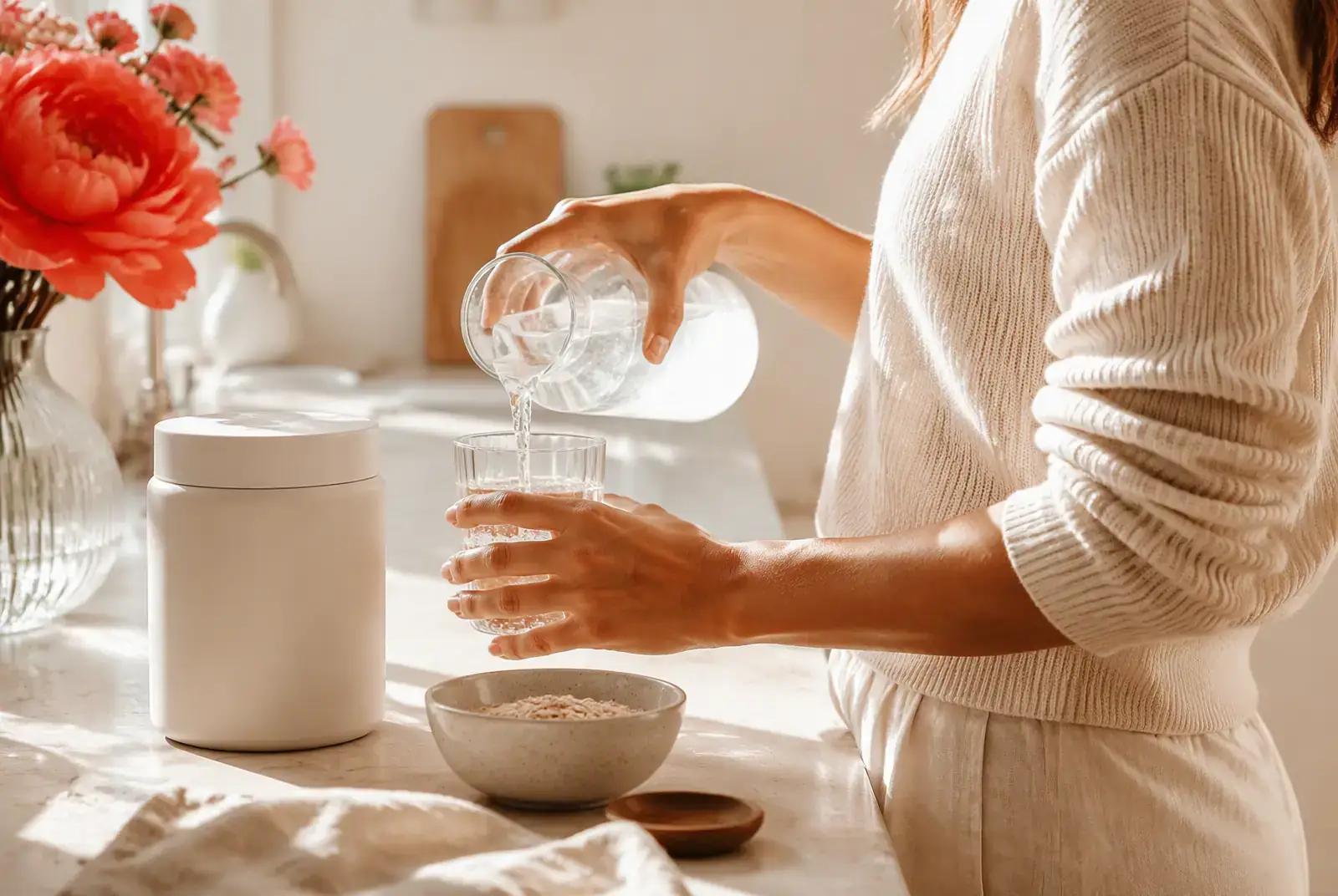A person pouring water at a sunlit kitchen counter beside an unbranded supplement jar — a morning wellness ritual