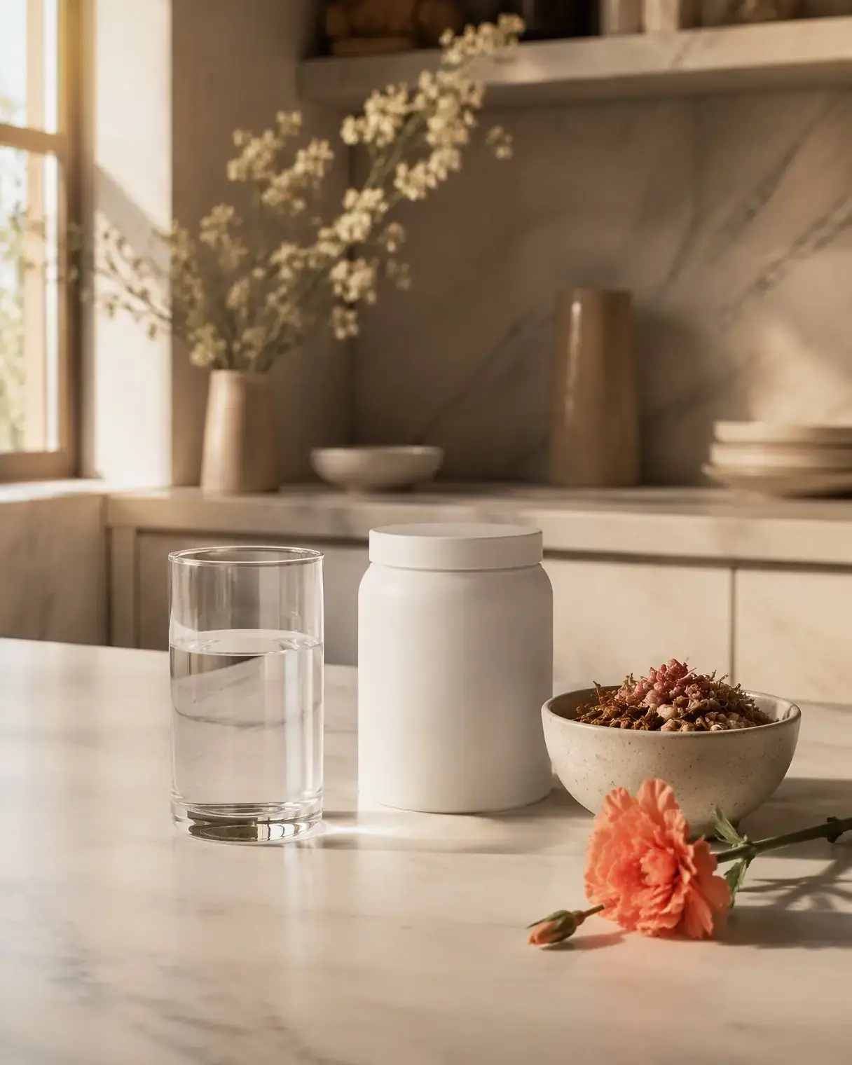 Morning light on a minimalist kitchen counter with a glass of water and an unbranded supplement jar