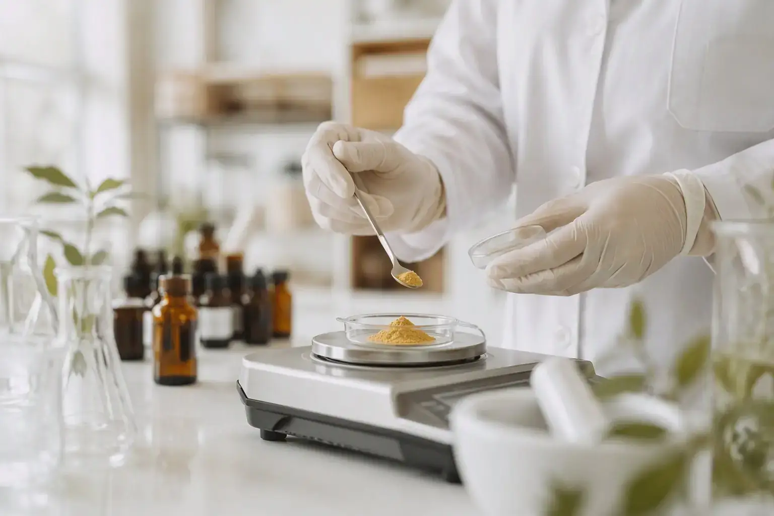Gloved hands weighing a botanical powder on a precision scale in a bright laboratory