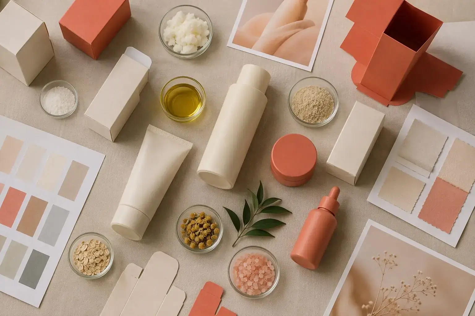 Flat lay of unbranded packaging prototypes, ingredient samples and colour swatches